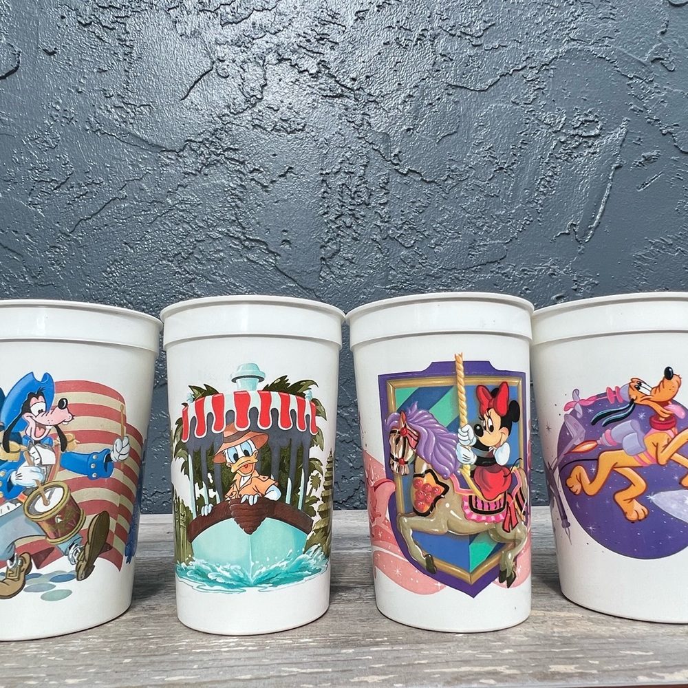80's Coca Cola Walt Disney plastic Souvenir Cups Magic Kingdom Lands Set of 4